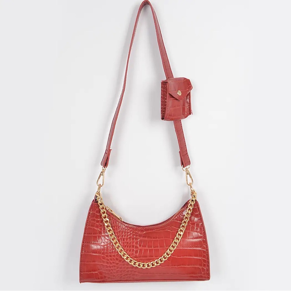 Faux Croc Chain Crossbody Bag with Mini AirPod Pouch – Burgundy Gold